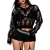 SHENHE Women's Plus Size Ripped Knit Top Sweater Hollow Out Goth Punk Grunge Y2k Sheer Crop Sweater