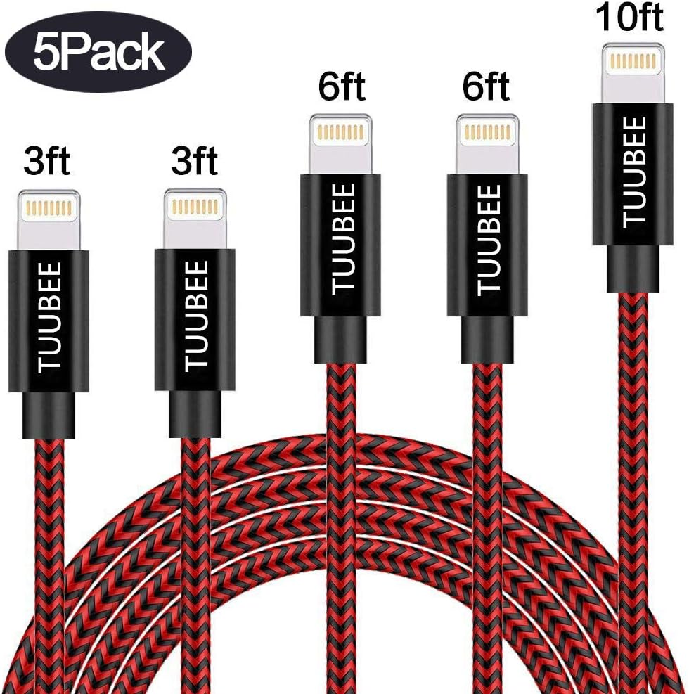 TUUBEE 5Pack[3/3/6/6/10FT] Nylon Braided Cell-Phone Charging Cable USB Fast Charging & Syncing Long Cord,iPhone Charger Compatible iPhone XS/Max/XR/X/8P/8/7/7P/6/6P/iPad/iPod (Black&Red)