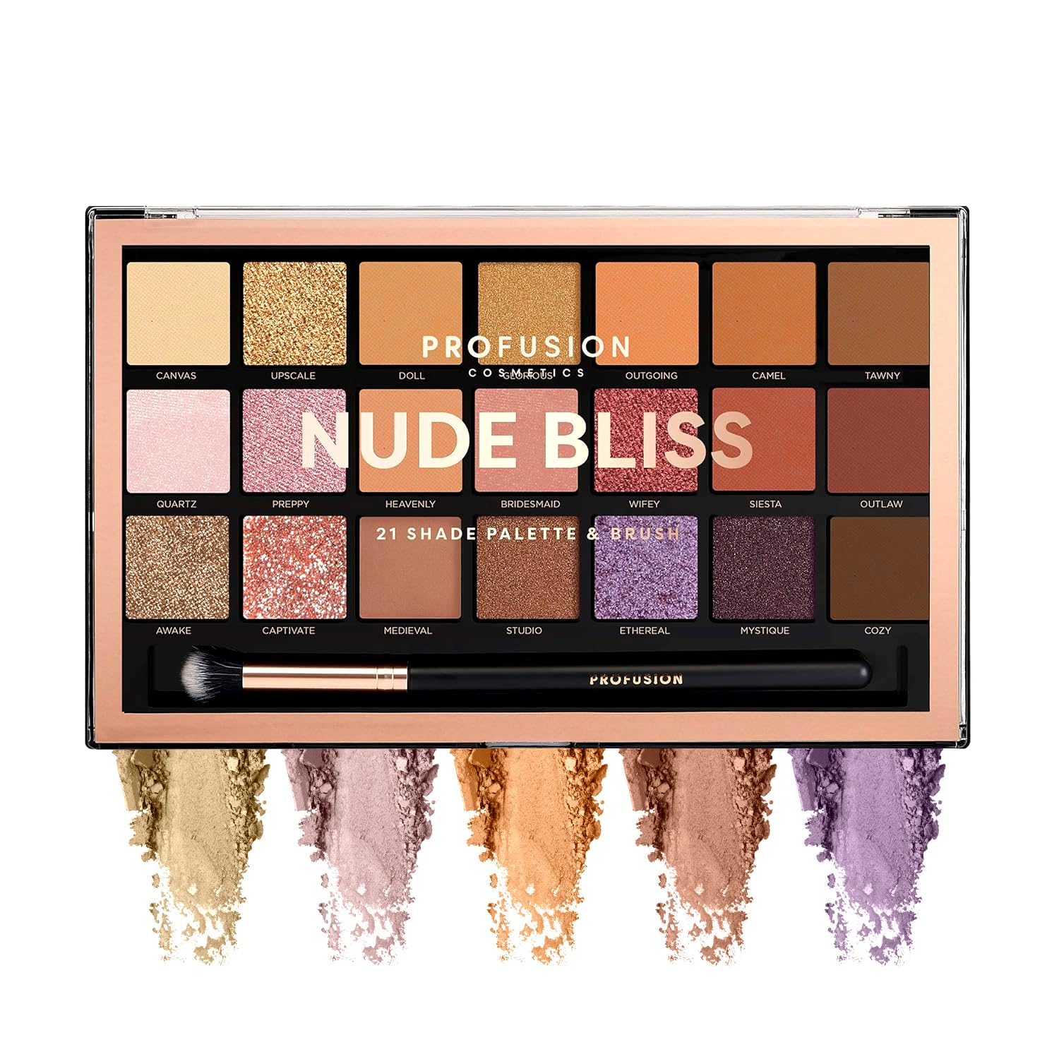 Profusion Cosmetics Nude Bliss 21 Shade Eyeshadow Palette + Free Pro Series Brush (highly pigmented, blendable shades of golden taupe, dusty coppers and rosy pink hue)