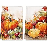 TAJWE Fall Kitchen Towels 18x26 Inch Set of 2 Orange Pumpkins Maple Leaves Autumn Dish Towels Farmhouse Thanksgiving Harvest Decorative Hand Cloth for Kitchen Bathroom Decorations
