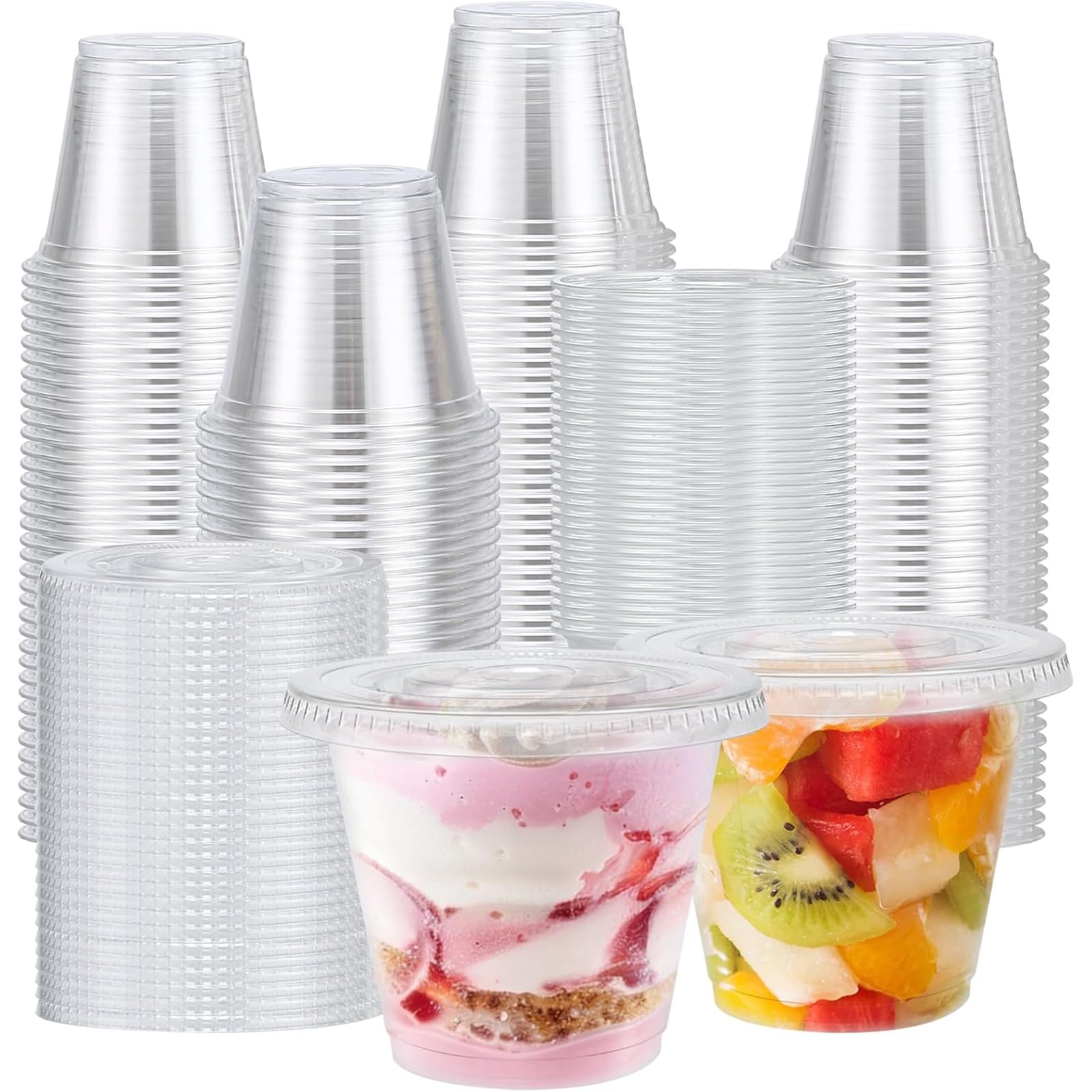 Photo 1 of Clawsoff 200 Pack 9 oz Clear Plastic Cups with Lids, Parfait Cups with Flat Lids, Disposable Dessert Cup, Putting Cup for Cold Drink, Ice Cream, Fruit, Salad