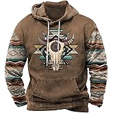 Zhyaj Western Hoodie for Men Aztec Cowboy Printed Drawstring Pullover Hooded Sweatshirt Mens Comfy Fleece Sweatshirt