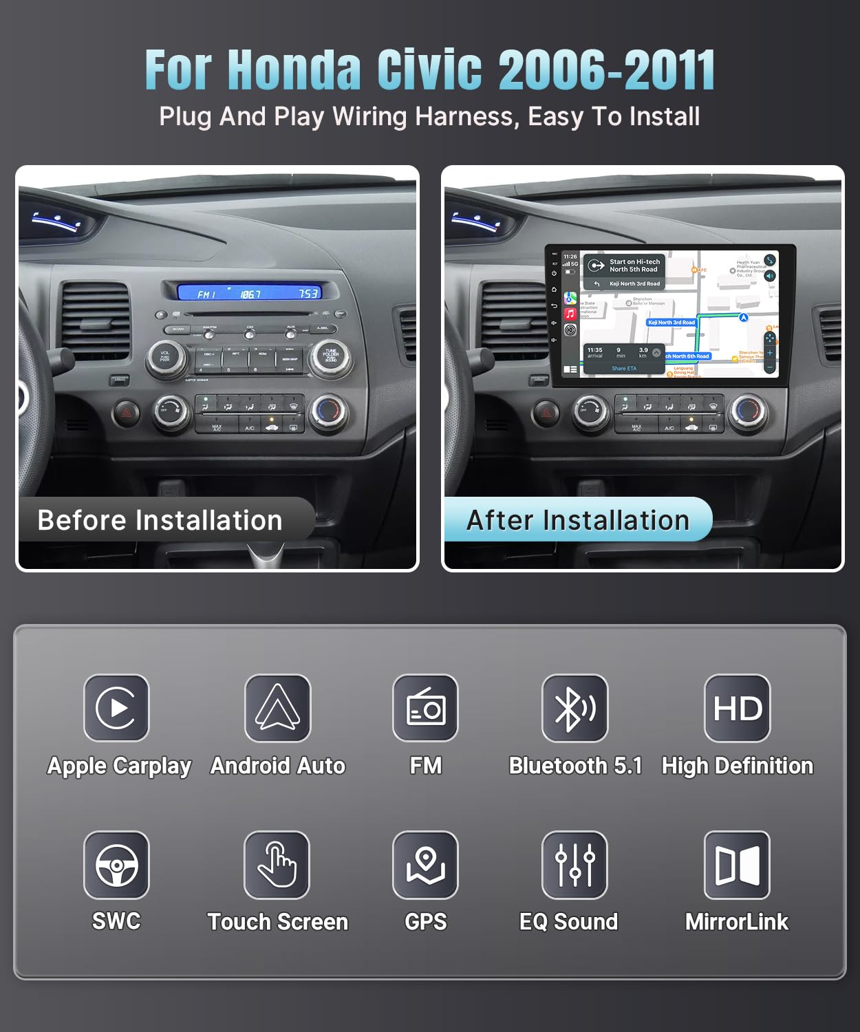 Naifay Android Car Radio for Honda Civic 2006 2007 2008 2009 2010 2011 with Wireless CarPlay Android Auto, 2+32G 10.1inch IPS Touch Screen Car Stereo Bluetooth FM GPS Navigation WiFi SWC Split Screen