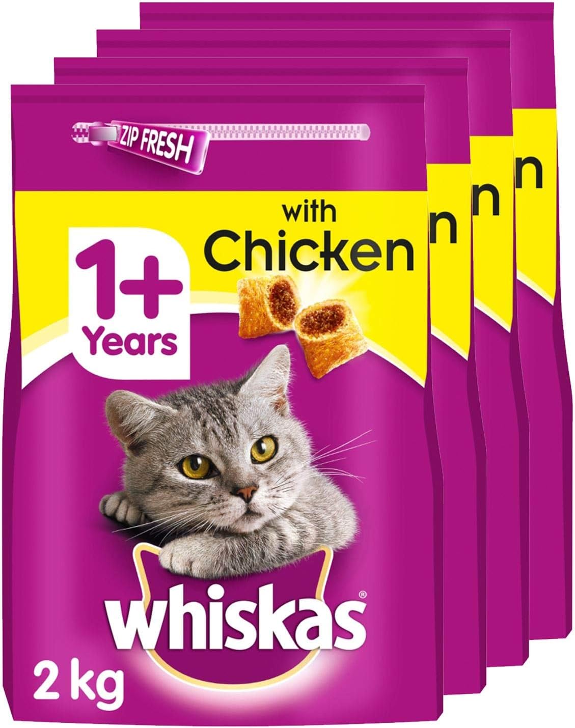 whiskas 1+ Dry Cat Food for Adult Cats with Chicken, 4 Bags (4 x 2 kg