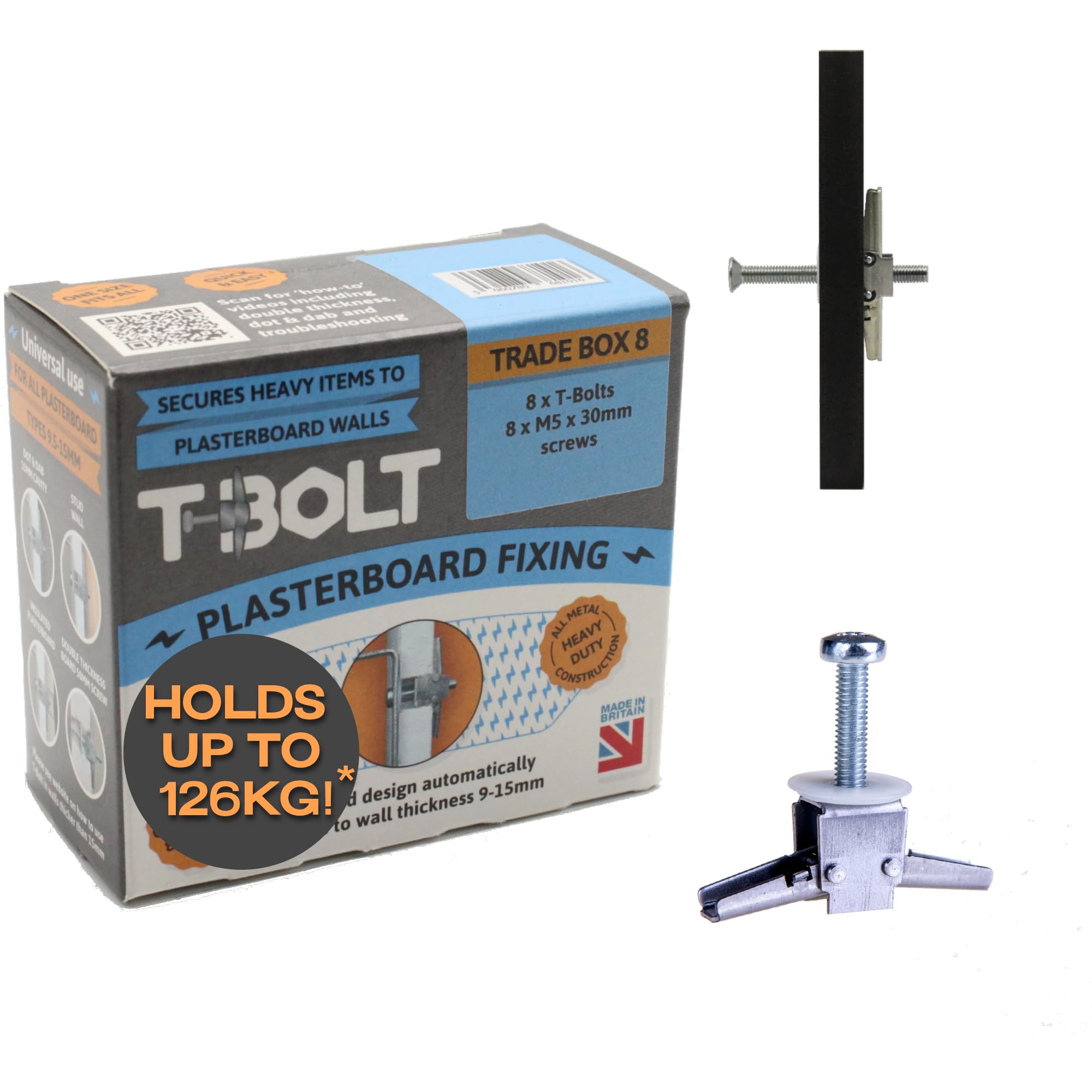 T-Bolt Heavy Duty Metal PLASTERBOARD Fixing -Trade Bag of 8 - Holds up to 65kg per Fixing! [Plasterboard] [Drywall] [Cavity Wall] [Heavy Duty] [Drill]