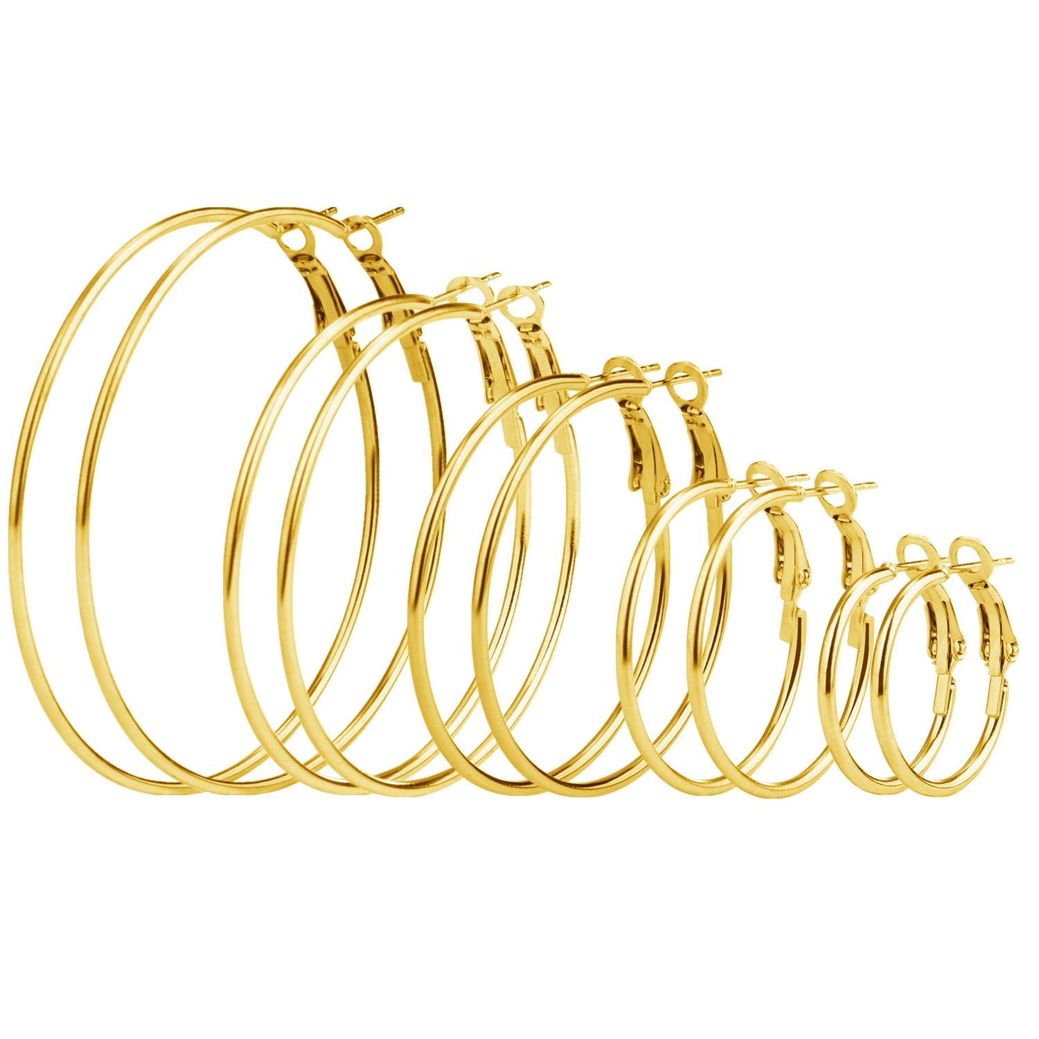 Elicola 5 Pairs Gold Stainless Steel Hypoallergenic Shiny Large Hoop Earring Sets for Women Girl