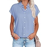 Womens Work Blouses Cap Sleeve Button Down Tops V Neck Collared Casual Business Plain Basic Summer Shirts
