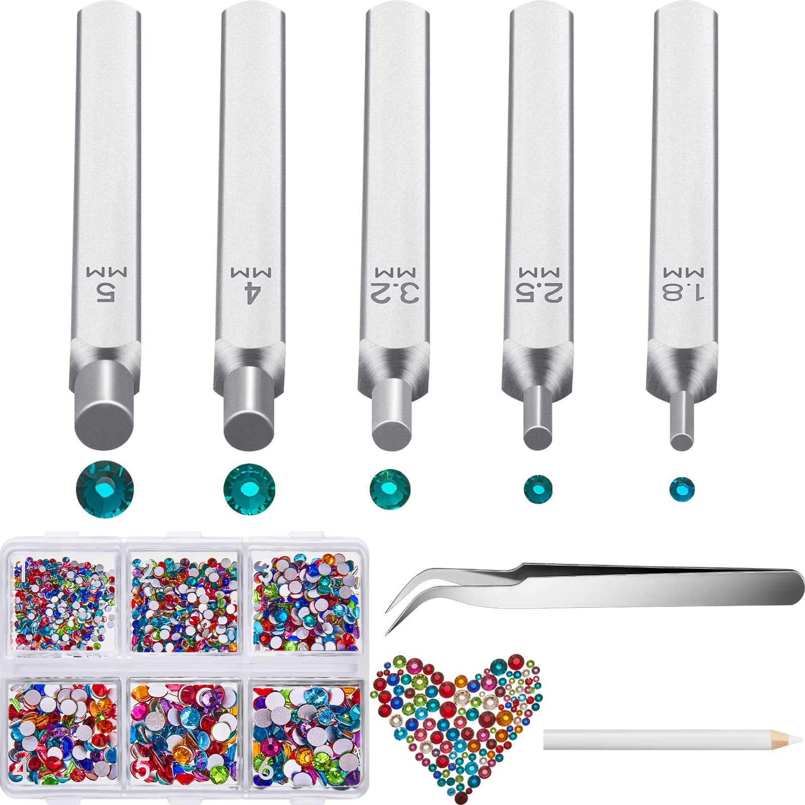 Photo 1 of 13 Pieces Jewelry Metal Stamping Tools Crystals Setter Kit, 5 Metal Stamping Punches with Tweezer Picking Pen Storage Box 2500 Pieces Colored Rhinestones Crystals for DIY Crafts Jewelry