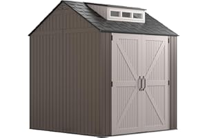 Rubbermaid Large Resin Outdoor Storage Shed With Floor (7 x 7 Ft.), Weather Resistant, Brown, Organization for Home/Lawn Mower/Backyard Equipment/Bike Storage/Pool Supplies