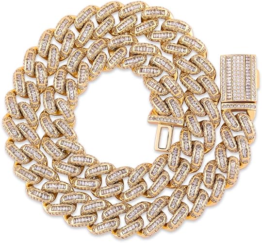 Amazon Jinao ヒップホップ 14mm キューバリンクチェーン 6倍 14k ゴールドメッキ アイスアウト ブリング ラウンド カレ バゲットカット Cz プロングセッティング 模造ダイヤモンド チェーンネックレス メンズ ゴールド ネックレス 通販