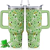 Kearscupra 40oz St Patricks Day Tumbler with Handle and Straw, Green Irish Shamrocks Gnome Stainless Steel Vacuum Insulated Cup, Travel Mug Water Bottle, Gifts for Women Men