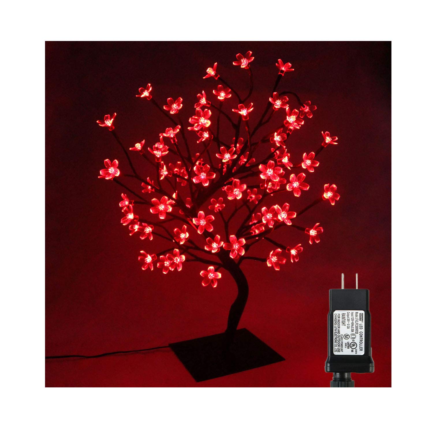 PMS 17inch 72 LEDs Cherry Blossom Tree Lights Desk Top Bonsai Tree Lamp with Low Voltage Transformer, Ideal for Christmas Wedding Party Bedroom Home Decoration (Red)