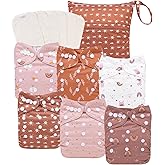 babygoal AWJ Cloth Diapers with Tummy Panel Pack of 13, 6 Diaper Cover with 6 Inserts and Wet Dry Bag, Adjustable Washable Reusable for Baby Girls and Boys