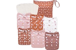 babygoal AWJ Cloth Diapers with Tummy Panel Pack of 13, 6 Diaper Cover with 6 Inserts and Wet Dry Bag, Adjustable Washable Reusable for Baby Girls and Boys