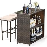 Tangkula 3 Piece Patio Bar Set, Outdoor Rattan Bar Table and 2 Stools with Tempered Glass Tabletop, 2-Tier Storage, Removable Cushions, Outside Wicker Conversation Set