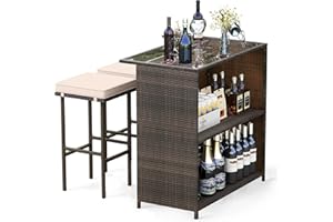 Tangkula 3 Piece Patio Bar Set, Outdoor Rattan Bar Table and 2 Stools with Tempered Glass Tabletop, 2-Tier Storage, Removable Cushions, Outside Wicker Conversation Set