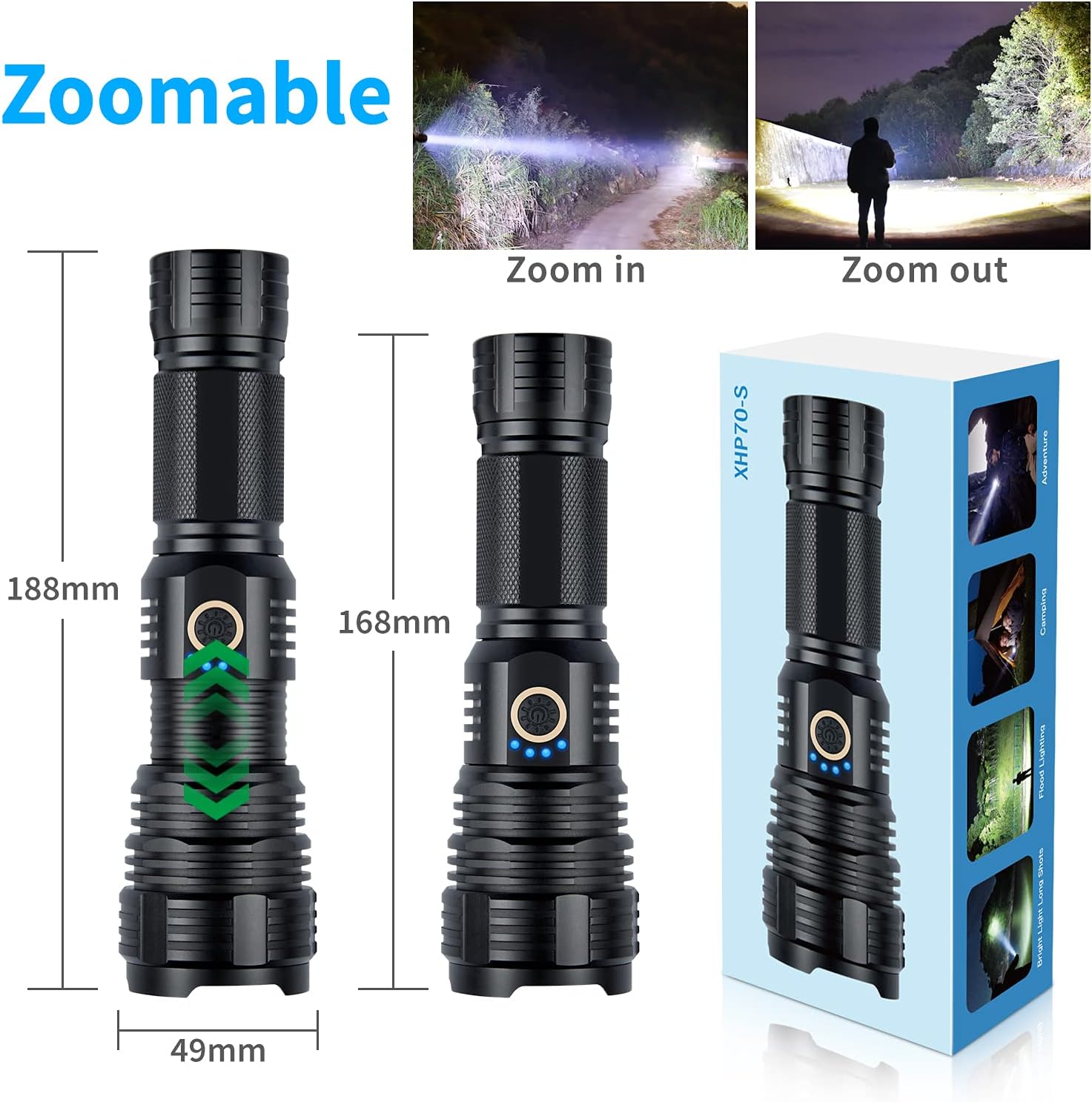 LED Flashlights Rechargeable High Lumens, 90000 Lumens Super Bright Tactical Flashlights, Xhp70.2 Zoomable Waterproof Flash Light 5 Modes for Camping, Hiking, Outdoor, Emergency (with 26650 Battery) - - 