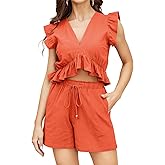 FANCYINN Womens Two Pieces Vacation Outfits Deep V Neck Ruffles Crop Top Drawstring Shorts Set