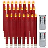 wemarry 24 Pcs Flameless Taper Candles with Remote, 10" Burgundy Battery Operated Led Candlesticks with Flickering 3D Flame, Fake Taper Candles for Christmas Thanksgiving Wedding Home Décor
