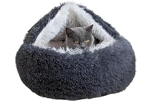 Cat Bed Round Fluffy Hooded Cat Bed Cave, Anti-Anxiety Cave Bed with Hooded Blanket, Cozy Cuddler Luxury Puppy Pet Bed, Anti-