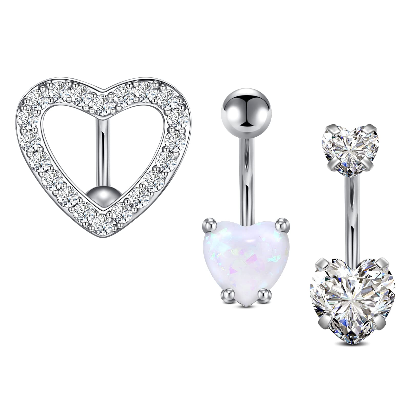 incaton 14G Hearth Belly Button Bars 10mm Reverse CZ Belly Button Rings Navel Piercing Jewelry Silver/Rosegold 3PCS