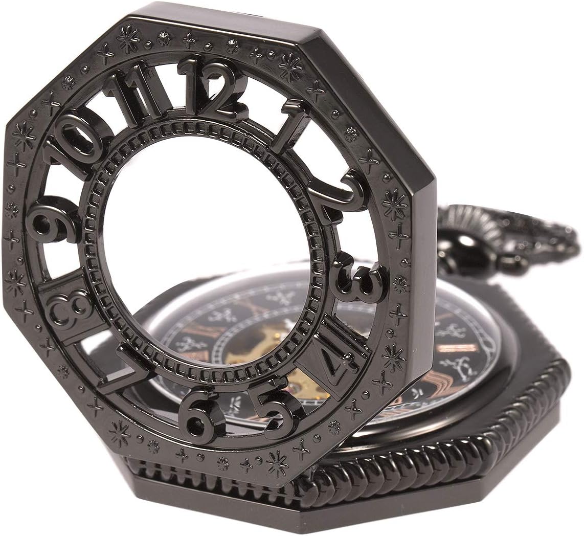 SIBOSUN Retro Old Railroad Style Octagon Steampunk Mechanical Skeleton Hand-Wind Pocket Watch with Chain