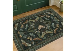 Hazo Haus 2x3 Entry Way Rugs Indoor - Dark Green Small Throw Rug for Kitchen, Bathroom, Insect Boho Design, Washable Non Slip Stain Resistant
