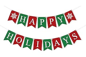 FAKTEEN Happy Holidays Banner Merry Christmas Decorations, Green Red Christmas Banner Paper Bunting Xmas Holiday Decorations New Year Outdoor Indoor Home Office Decor