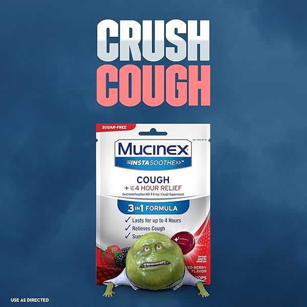 MUCINEX INSTASOOTHE SUGAR FREE COUGH DROPS, COUGH MEDICINE FOR ADULTS WITH DEXTROMETHORPHAN HBR, NON MENTHOL COUGH DROPS, COUGH SUPPRESSANT LOZENGES, MIXED BERRY MEDICATED COUGH DROPS, 40CT