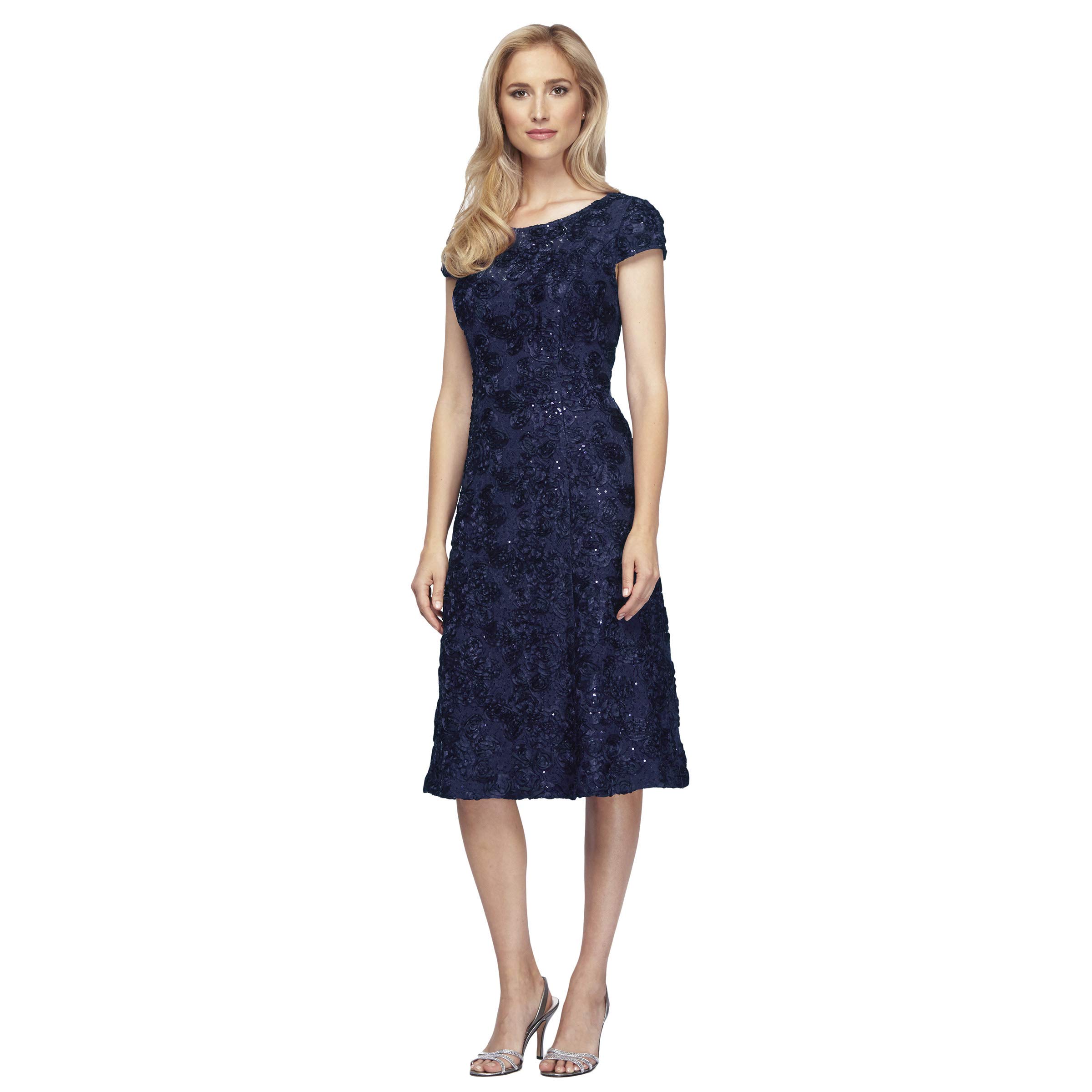 Alex-Evenings-Womens-Tea-Length-A-Line-Rosette-Dress-with-Cap-Sleeves-Navy-12