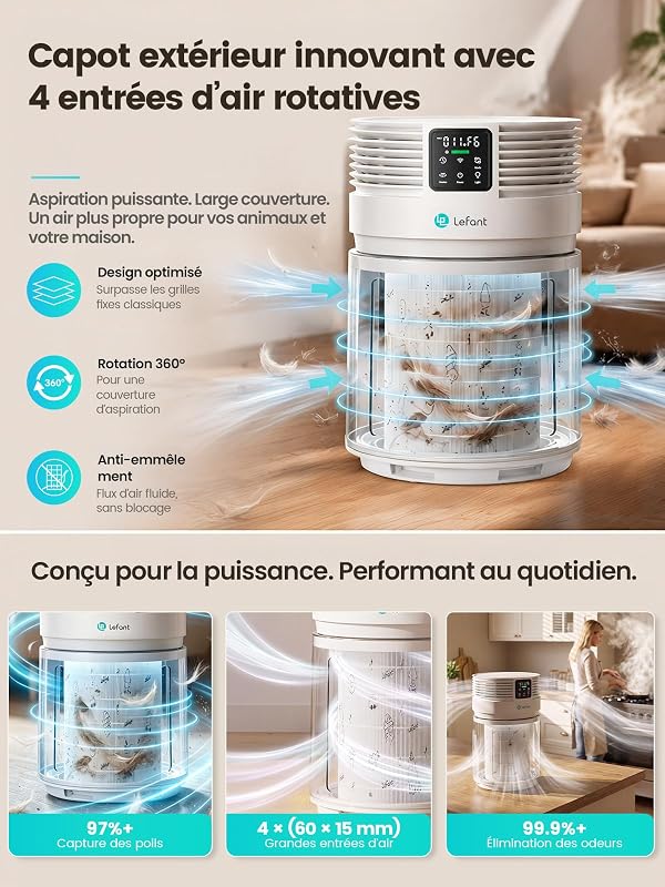 Purificateur d'Air, HEPA H13, CADR 350 m³/h, jusqu'à 108 m², Blanc