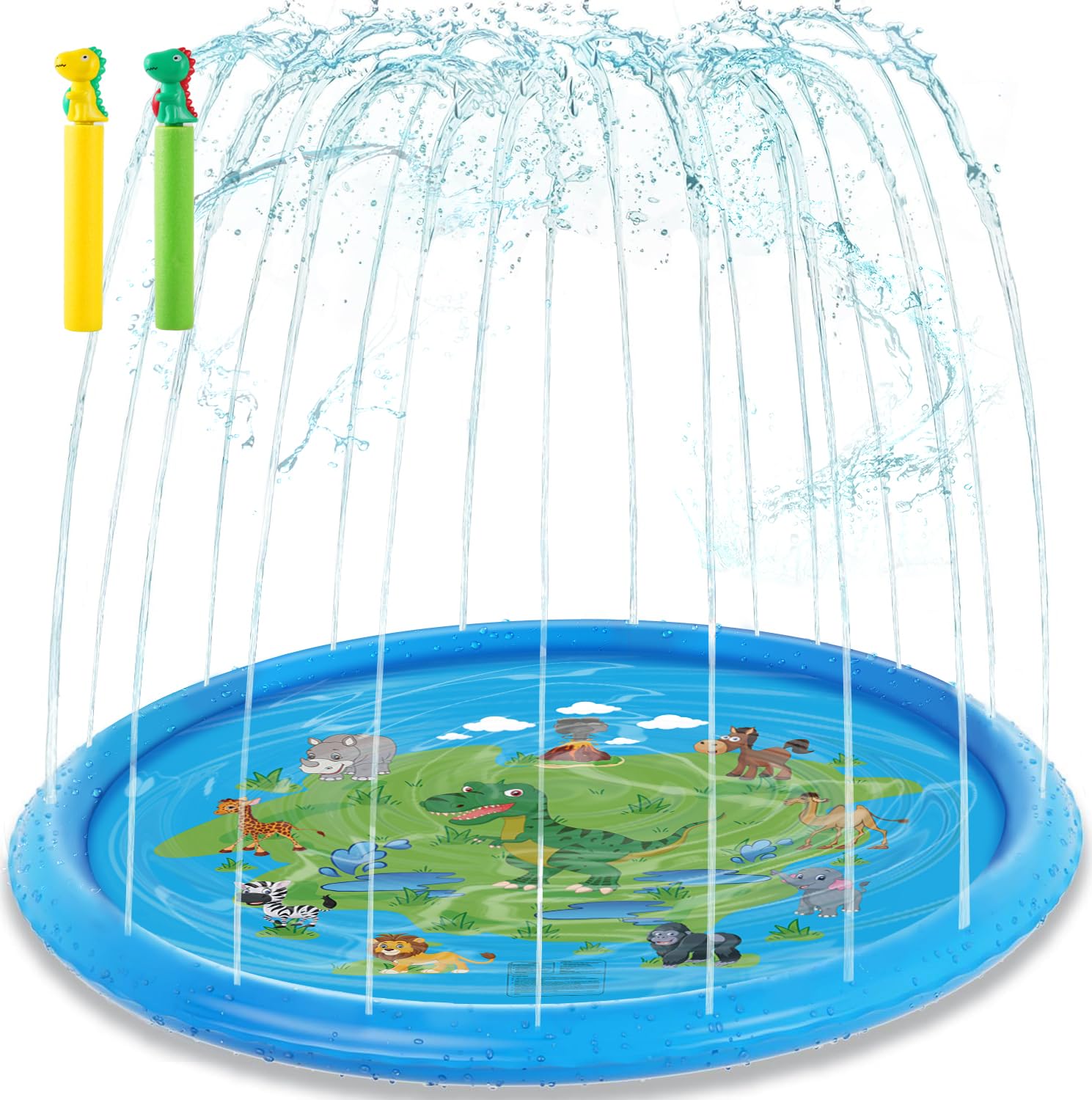 Photo 1 of Splash Pads for Toddlers, 66.9" Dinosaur Inflatable Sprinkler Pool Outdoor Water Toys with 2 Dino Water Soaker Shooters for Infant Kids Boys Girls Summer Pool Birthday Party