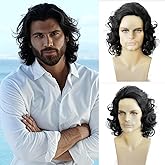 Long Hair Wig for Men Men's Black Wig Natural Wavy Curly 70s 80s Rocker Cosplay Synthetic Wigs for Male King Halloween Accessory(Black)