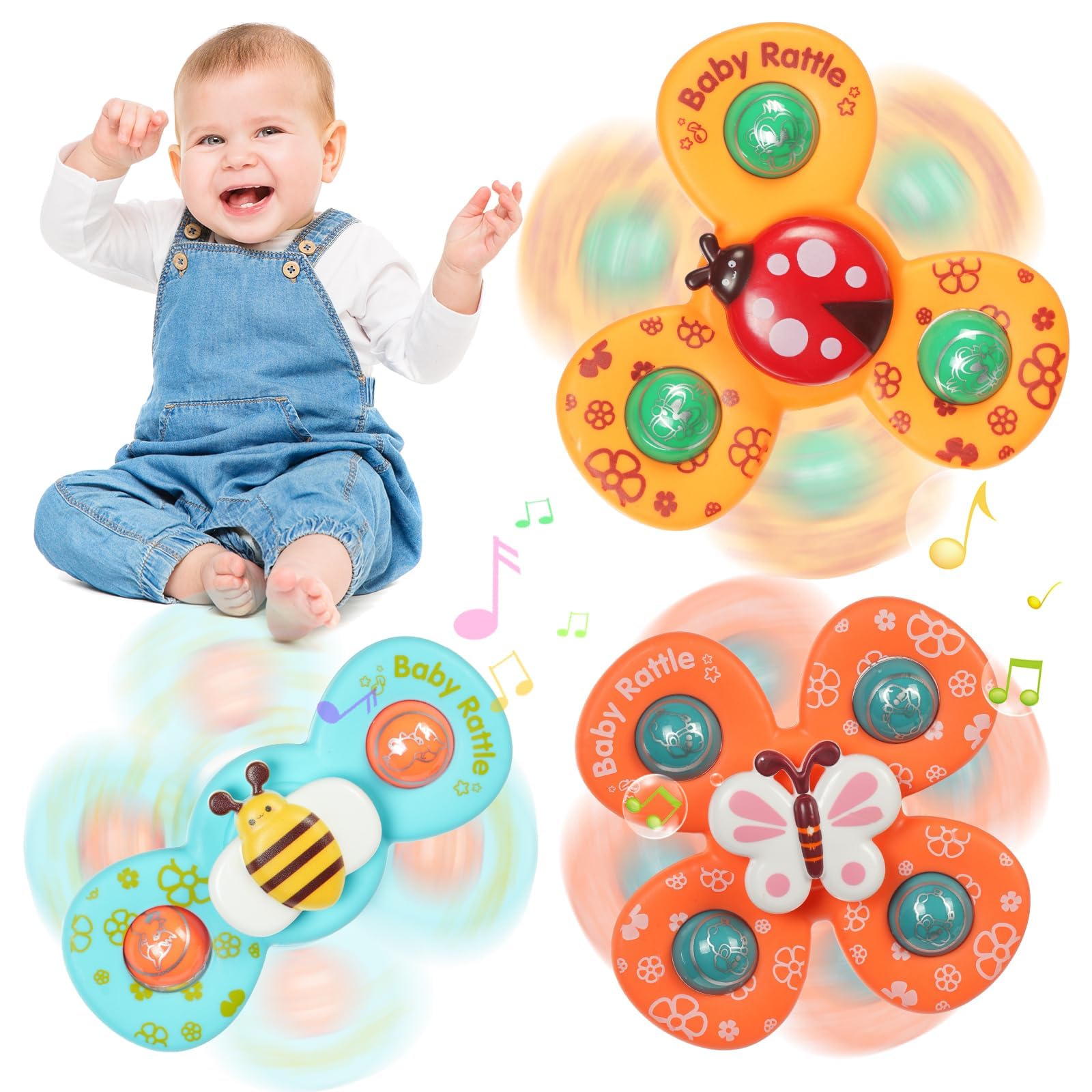 Ainiv 3PCS Suction Cup Spinner Toy for Baby, Spinners for 2 Year Old Boy Girl, Plane Travel Toddler Sensory Toys, Suction Fidget Spinner for Baby Bath, Spinning Toys for Toddlers 1-3 Year Old — image 1
