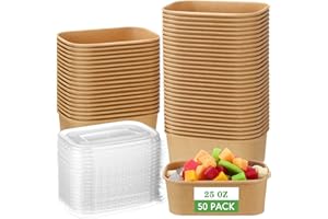 Maxdot 50 Pack Disposable Food Containers with Lids Paper Food Containers Bowls for Meal Prep, Salad, Ice Cream, Yogurt, Soup Bowls Party Leftover Box(Brown,25 oz)