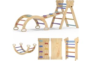 CMFYDAILY Large Pikler Triangle Set, 5 in 1 Foldable Baby Climbing Gym Indoor Montessori Climbing Set Wooden Toddler Climbing Toys with Arch, Ramp, Ladder, Rainbow