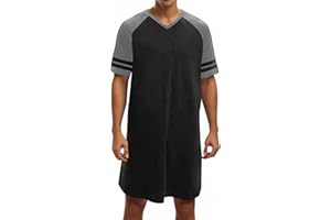 Runcati Mens Nightshirt Short Sleeve V Neck Nightgown Color Block Loose Fit Comfy Lounge Pajama Sleepwear