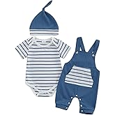 Bonangber Newborn Baby Boy Summer Clothes Stripe Short Sleeve Romper Suspender Pants Hat 3Pcs Set Cute Coming Home Outfit