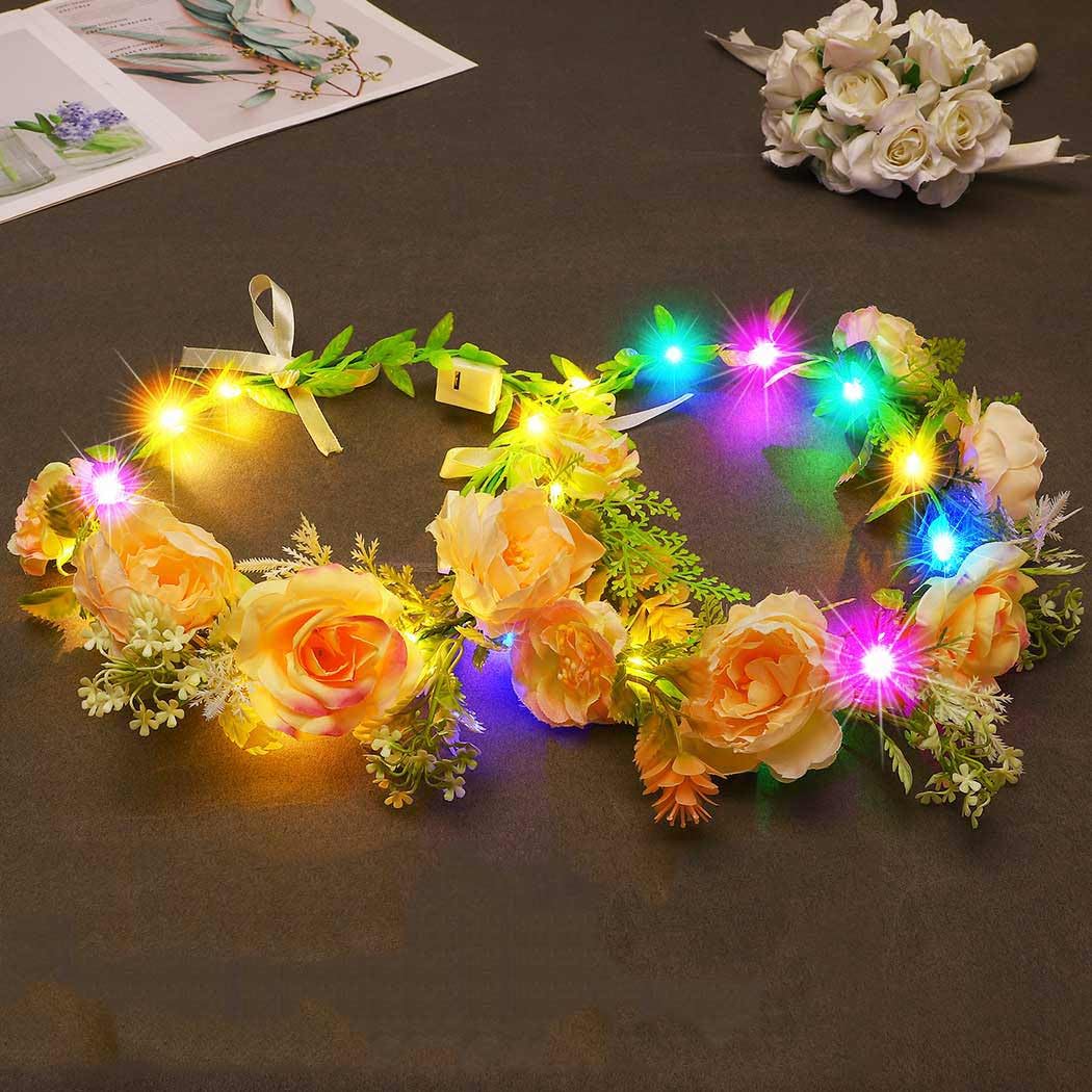 Vakkery LED Flower Wreath for Hair Glowing Hair Accessories LED Headband for Women (Pack of 2)