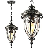 VIANIS Outdoor Pendant Light Lantern, Farmhouse Outdoor Chandelier, Vintage Outdoor Hanging Lights with Seed Glass, Brown Cei