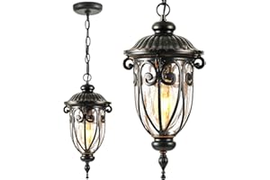 VIANIS Outdoor Pendant Light Lantern, Farmhouse Outdoor Chandelier, Vintage Outdoor Hanging Lights with Seed Glass, Brown Ceiling Lights for Porch, Porch Lights Ceiling for House