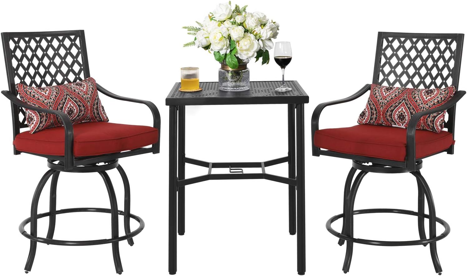 Nuu Garden 3 Piece Swivel Patio Bar Set, High Iron Outdoor Furniture Set Wide Outdoor Bar Stools, Bar Height Chairs with Seat Cushion and Armrest for Garden, Backyard, Patio and Poolside, Red