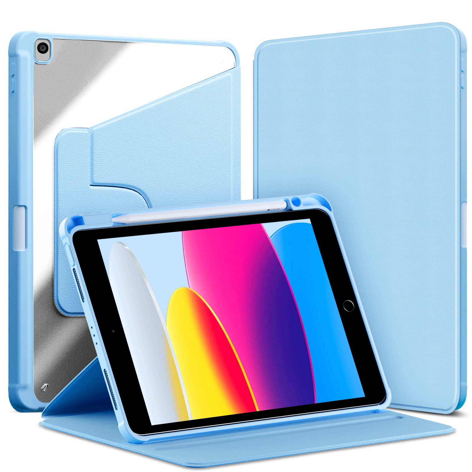 VAGHVEO Rotating Case for iPad 10.2 Inch 9th / 8th/ 7th Generation (2021/2020/2019), iPad Air 3rd 2019 10.5 / iPad Pro 10.5 Book Flip Transparent Cases 360 Degree Rotation Stand Cover, Light Blue