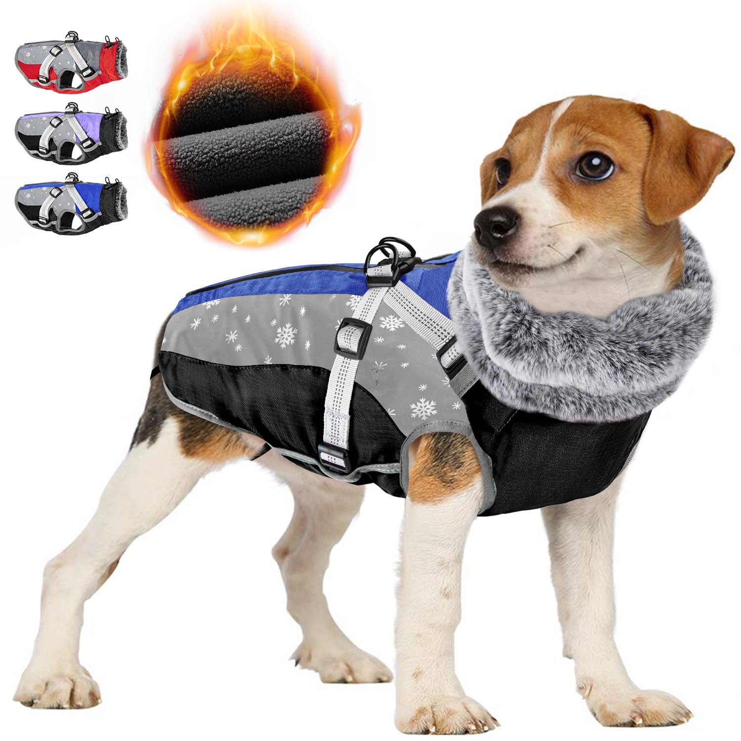 Photo 1 of SlowTon Dog Jacket with Harness Built in, Waterproof Fleece Winter Warm Dog Coats for Small Medium Dogs, Reflective Adjustable Furry Puppy Vest Clothes for Outdoor Walking (Blue,Size Large)