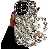 AuroiCCY for iPhone 16 Pro Max Case with Beaded Marble Wrist Strap Super Sparkly Phone Case with Silvery Foil Glitter Rhinestone Pearl Cute Love Heart Girly Women Case for iPhone 16 Pro Max (Silver)