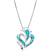 Honolulu Jewelry Company Sterling Silver Dolphin Heart CZ Necklace Pendant with Simulated Blue Opal and 18" Box Chain