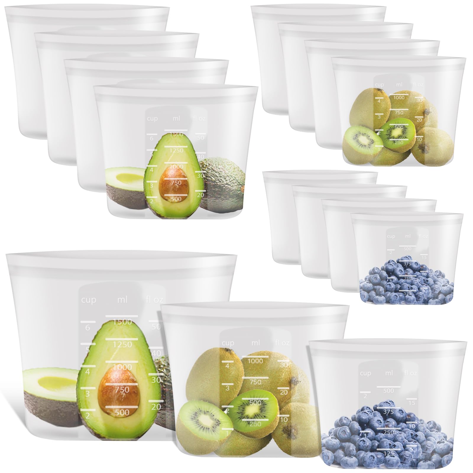 Photo 1 of 100% Platinum Silicone Reusable Storage Bags, 12 Pack, Premium Silicone Food Storage Bag Stand-Up Wide-Mouth Zip-Lock, Freezer Microwave Oven Dishwasher Safe, 4 M + 4 S + 4 XS, Crystal-Clear