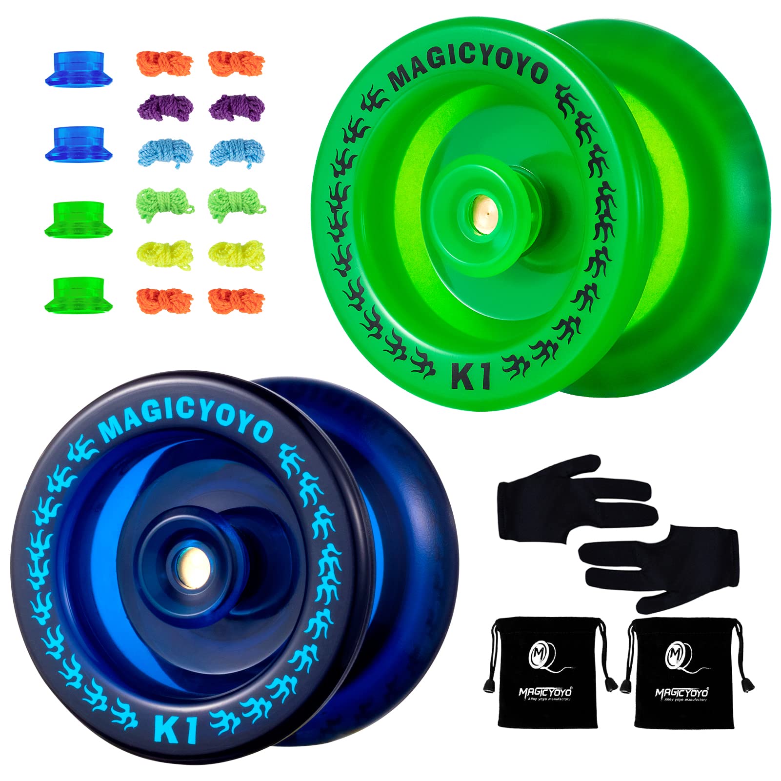 YOSTAR K1 Yoyos Pack of 2, Vaual Responsive Yoyo Master Pack, Tug-Return Trick Yoyo for Kids & Beginners, Plastic Pro Yo-Yo Set, Yo-yo Ball, with 12 Strings, Glove, Bag, 4 Hubstacks