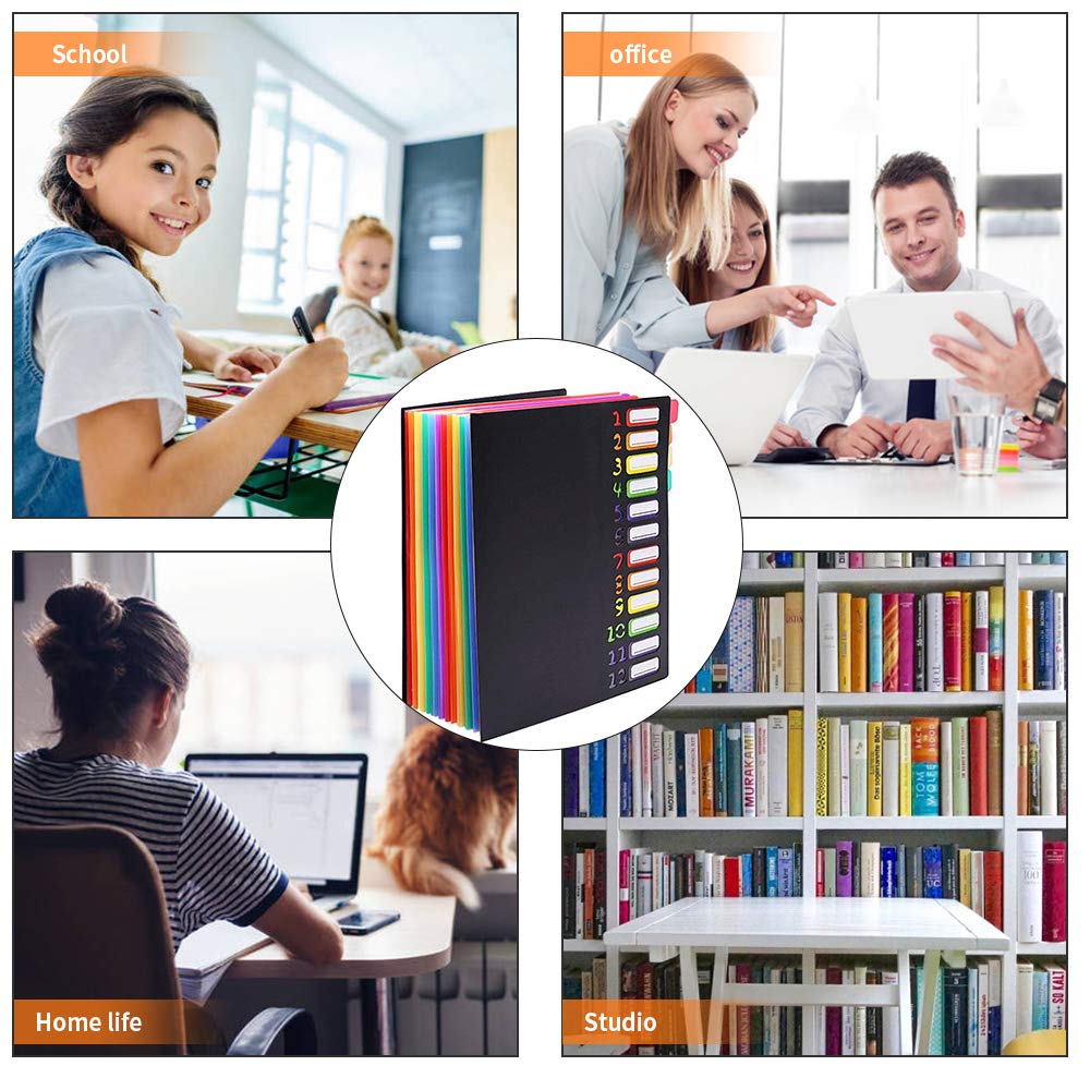 12 Pockets Expanding File Folder, A4 Letter Size Expandable File Organizer Hold 120 Sheets Portable Document Holder with File Labels for Office School Home (12 Pockets, Black)