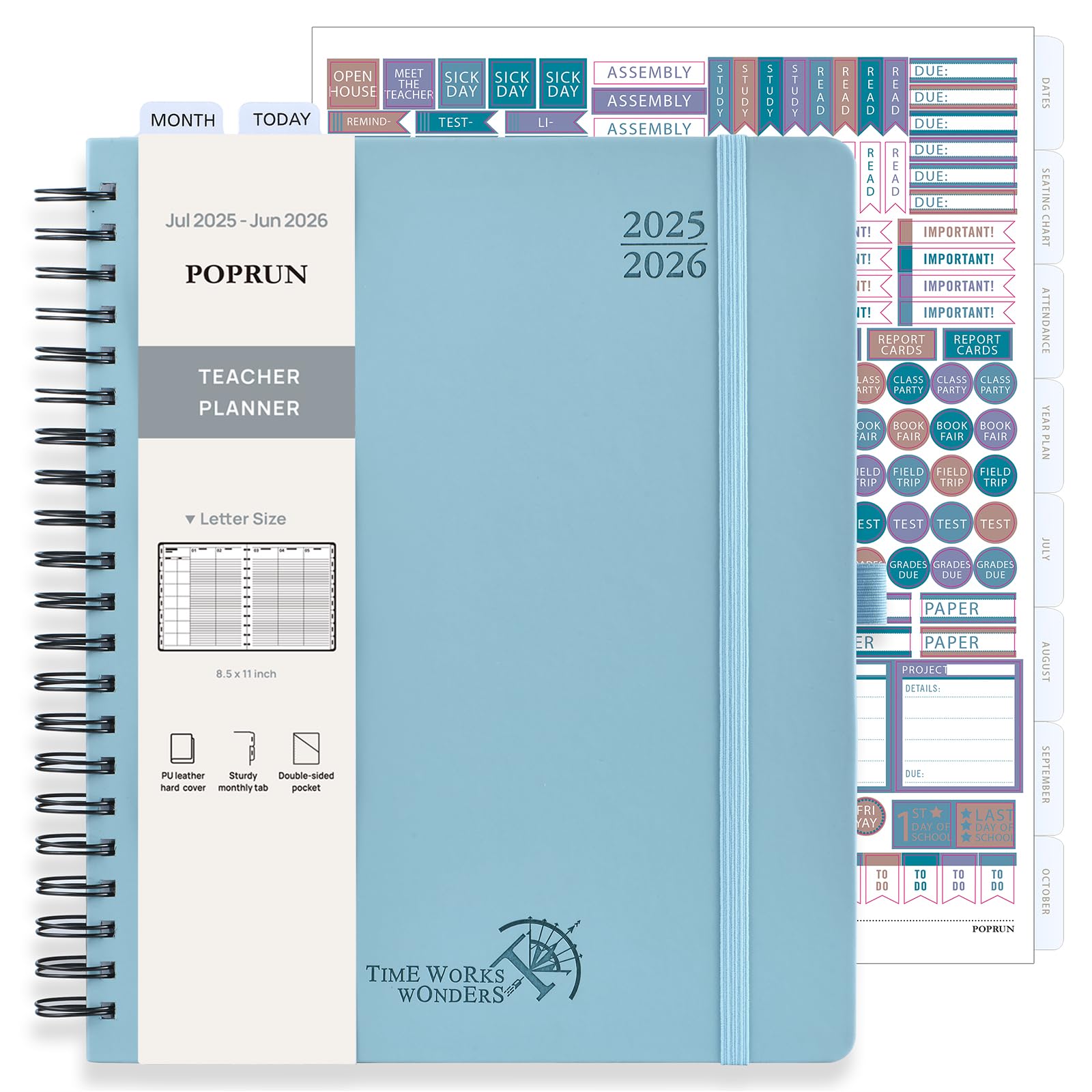 Photo 1 of POPRUN Teacher Planner 2025-2026, (Letter Size - 8.5'' x 11'') Academic Lesson Planner (July 2025 - June 2026), with Monthly Tabs, Thick Papers, 2-Sided Pocket, Leather for Teachers, Dutch Blue